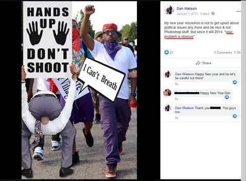 Screenshot from Dan Watson’s Facebook post shows his comment on the photoshopped image: 'your problem is obvious.'
