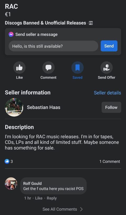 A seller called sebastian Haas's profile where he says he's looking for rock against communism released. someone replies "get the f outta here you racist p o s"