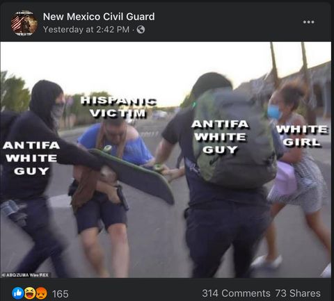 New Mexico Civil Guard meme taken from a video still of Baca's shooting. The meme labels protesters as 'white' and 'antifa' and Baca as a 'Hispanic victim.'