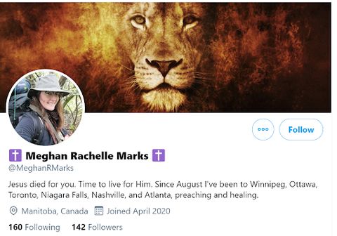Marks twitter profile where she describes her work as 'preaching and healing.'