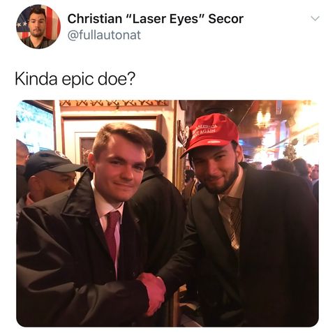 Christian Secor poses with Nick Fuentes at an America First event