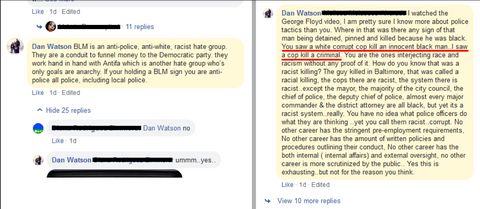 Screenshots of Watson’s Facebook comments about George Floyd’s murder and BLM
