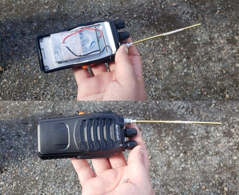Bottom photo is A photograph of my hand holding a walkie talkie. The front has a black plastic case that says 'Arcshell' in white font. There's a long bronze antennae. Top photo is the back side and it's casing is missing. The inside is pretty plain silverish metal with three wires. One red, a short blue, and a black. The bronze antennae can be seen again.