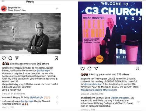 Instagram posts from Jurgen Matthesius's instagram. Left is a black and white photo of Phil Pringle with his arms crossed with the caption 