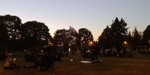 Now, in the light of a fading sun with an American flag flying upside down to display the assembled crowds' distress, new activists and veteran protesters listen to a tiny woman wearing a facemask and tactical body armor. Photo by James O'Ryan.