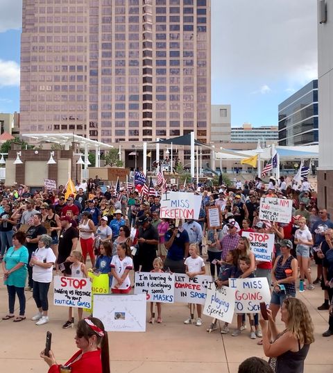 A few hundred anti-quarantine protesters gathered in Civic Plaza on July 16. Photo by Bella Davis.