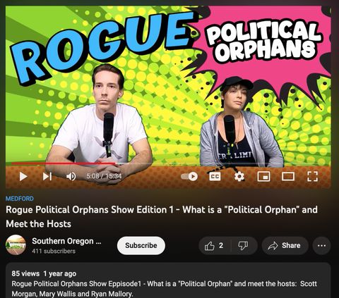 two people with glazed over looks in their eyes sitting in front of a green screen on a youtube talk show with the title "rogue political orphans