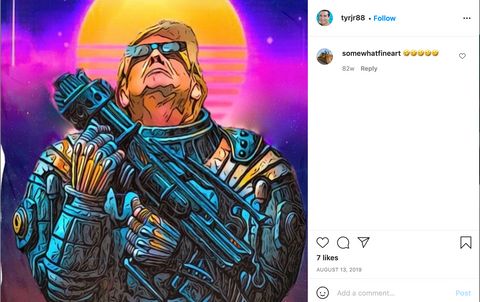 Screenshot from Roman's Instagram depicting fanart of Trump dressed up as a kitschy 80s space marine with a lazer gun and sunglasses.