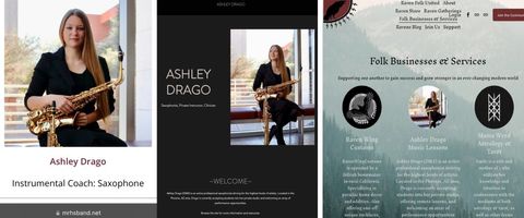 Ashley Krogstad Drago appearing on the Mountain Ridge band website, her own website, and Raven Folk United’s website. She is wearing a black dress and holding her saxophone in the photos, which are clearly from the same photoshoot. The caption on the Mountain Ridge website reads “Ashley Drago, instrumental coach: saxophone.” Her website reads “WELCOME. Ashley Drago (DMA) is an active professional saxophonist striving for the highest levels of artistry. Located in the Phoenix, AZ area, Drago is currently accepting students into her private studio and welcoming an array of performance opportunities. ​ Browse the site for more information and resources.” Her info on Raven Folk United reads: “Ashley Drago (DMA) is an active professional saxophonist striving for the highest levels of artistry. Located in the Phoenix, AZ area, Drago is currently accepting students into her private studio, offering remote lessons, and welcoming an array of performance opportunities.”