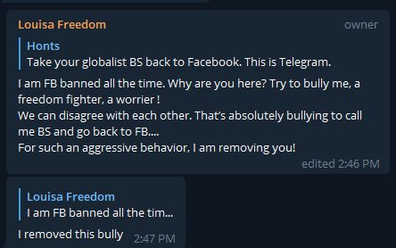 screenshot of a telegram chat that reads 'I am FB banned all the time. Why are you here? Try to bully me, a freedom fighter, a worrier ! We can disagree with each other. That’s absolutely bullying to call me BS and go back to FB....For such an aggressive behavior, I am removing you!' It is a reply to a comment that reads 'take your globalist BS back to Facebook. This is Telegram'