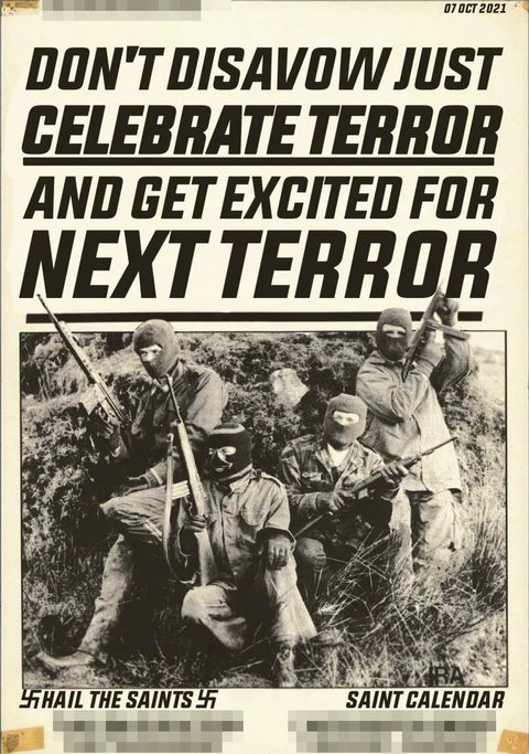 A photograph of masked men with rifles and the slogan ‘Don’t disavow just celebrate terror, and get excited for next terror’.