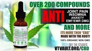 The ad consists of a tincture of CBD photoshopped over a cannabis leaf, with several lines of text. "Over 200 Compounds"
"ANTI: Joint Pain, Insomnia, Anxiety, EMF/EMR DMG"
"And more, it's more then [sic] CBD. Made with the root! 100% organic non-gmo. See the studies!"
