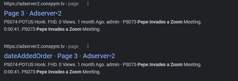 This is an image a Google search result. The link is titled "Page3" and it's on "Adserver 2." The description text includes file names like "POTUS Honk" and "Pepe Invades a Zoom Meeting"