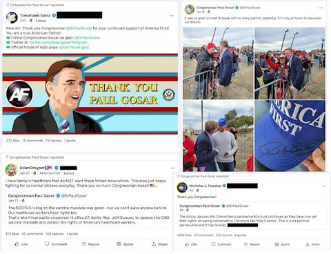 4 separate screenshots showing Gosar’s relationship to the Groypers on Gab including an art piece with Nick Fuentes’ America First logo, a report from an 'Asian Groyper' account, photos of the representative signing a blue America First hat, and Gosar reposting Nick Fuentes saying 'Thank you Congressman!' after Gosar posted and tagged Fuentes saying 'The phony January 6th Committee's partisan witch-hunt continues as they have now set their sights on young conservative Christians like Nick Fuentes. This is pure political persecution and it has to stop.'