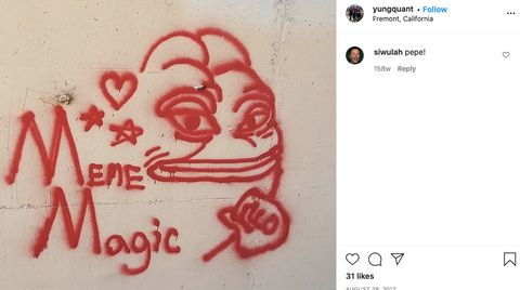 'Meme Magic' graffiti tag posted by Lemp alongside other 4chan related tagging. Lemp’s Instagram account also reveals affinity for right wing extremism, where he posted Pepe the Frog graffiti in between showing off his many guns.