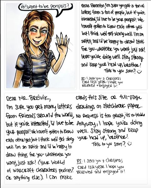  A series of three images show Dallas Humber’s letters to two other mass-murderers. The top left image shows an anime-style self-portrait that’s nearly identical to the one she sent to Dylan’s Roof.  The top right image shows the letter she wrote to Brenton Tarrant, which is almost verbatim to the letter she sent to Roof with the exception of the text at the very bottom, which reads: “PS: I sent you a Christmas card last year. I hope you received and enjoyed it!”  The image on the bottom shows the letter she wrote to Zander’s Breivik. Again, her letter contains almost identical wording as the other two, with the exception of a specific offer to draw this mass-murderer some of his World of Warcraft characters.