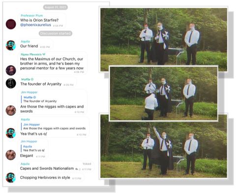 (Left) Screenshot of a Telegram conversation. The text reads: Professor Plum: “ Who is Orion Starfire?”. Aquila: “Our friend”. Sigma Phoenicis: ”He’s the Maximus of our Church, our brother in arms, and he’s been my personal mentor for a few years now“. Wulfila: “The founder of Aryanity”. Jim Hopper: “Are those the n-slurs with capes and swords”. Aquila: “Yes that’s us“. Jim Hopper: “Elegant”. Aquila: “Capes and Swords Nationalism”. “Chopping Herbivores in style”. (Right) A series of three images taken from a single video. The first image shows a man holding a sword, dressed in a white shirt, black pants and a long black cape adorned with a large white iron cross on the side. He is standing between two men dressed in uniforms identical to his, but without capes and swords. The second image shows a fourth man, also dressed in a matching white shirt and black pants, kneeling in front of the man in the cape with his head bowed. The third image shows the man in the cape raising his sword above his head, with the same two men shown in the first image standing on both sides of him.