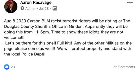 A militiaman named Aaron Rasavage calls Black Lives Matter activists terrorists and announces his group will confront them in 'full kit.'