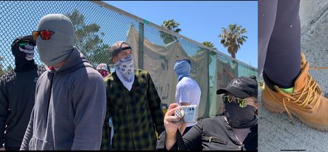 left image is a bunch of guys in sunglasses, hats, and bandanas around their faces to conceal their identities standing around a fence while one films on their phone while the right image is a closeup of an untied shoe
