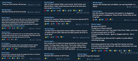 Over a dozen screenshots from Wendy Rogers’ Telegram account show her constant support for Nick Fuentes, frequently expressing her 'love' for him and demanding he be reinstated to Gettr.