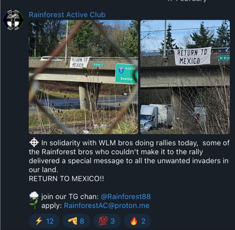 A screenshot from Rainforest Active Club in Oregon, which shows two photos of a banner drop they did that says “Return to Mexico”