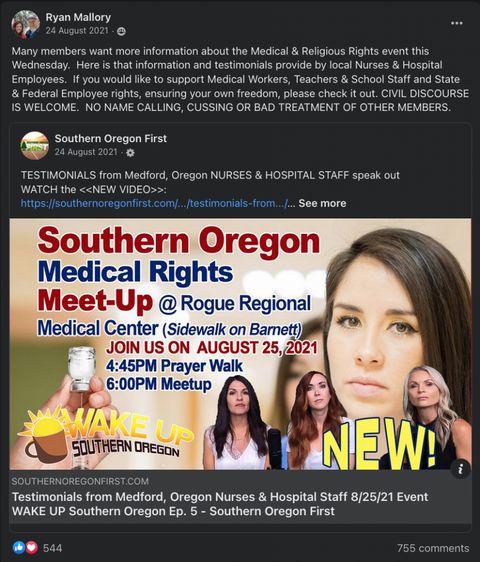 Ryan Mallory sharing a flyer from Southern Oregon First that says "Southern Oregon Medical Rights Meet-Up at Rogue Regional Medical Center (sidewalk on barnett) Join us August 25, 2021 4:45 prayer walk 6pm meetup. The flyer depicts a bunch of scowling women