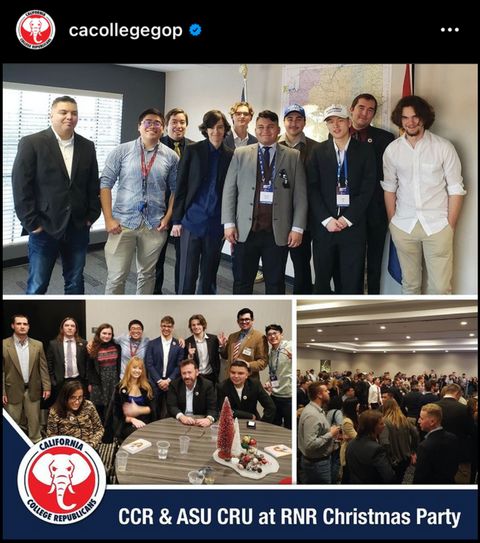 An Instagram post from California College Republicans handle at CACollegeGOP show three pictures of the various college organizations being represented at Republicans for Nationalist Renewal’s Christmas party. Two photos show them posing in their dress suits and dresses, the third shows a crowd shot of the room. The bottom of the photo reads 'CCR & ASU CRU at RNR Christmas Party