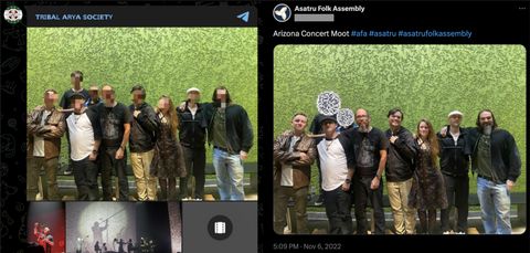 a photo posted to the Tribal Arya Society page showing seven white adults all linking arms in front of a green textured wall. The same photo, unblurred, was also shared to the Asatru Folk Assembly Twitter account on Nov. 6, 2022. Their caption reads “Arizona Concert Moot #afa #asatru #asatrufolkassembly.” Krogstad is wearing a brown dress and crisscross nylons. Drago is next to her in a black tracksuit and white golf hat.