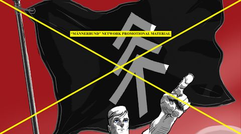Männerbund propaganda reminiscent of original Nazi party propaganda, featuring the stacked Tiwaz rune.
